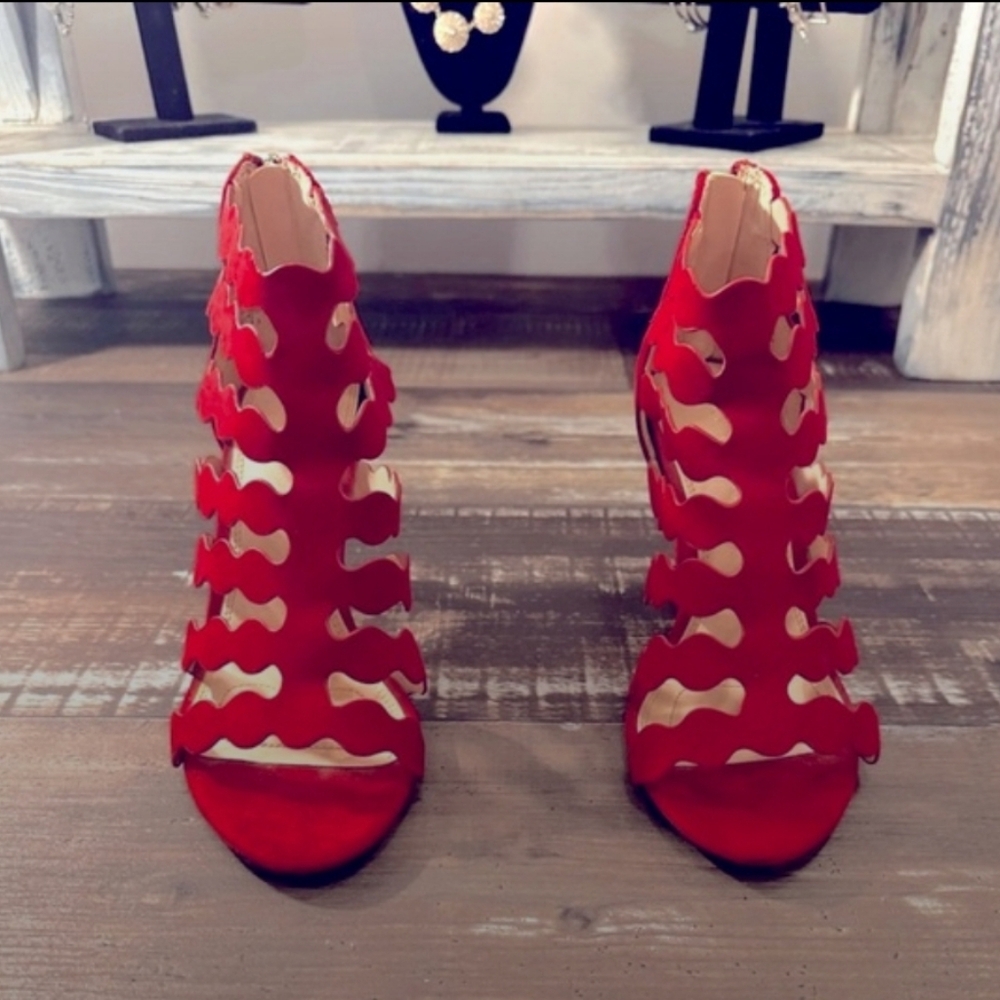 NEW Kelly & Katie Zilama Deep Red Suede High Heel Caged Gladiator Pumps